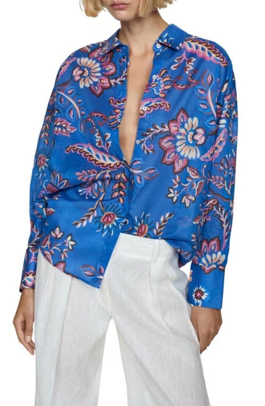 MNG Mango Women's Oversized Flowy Floral Print Shirt Blue Size 4